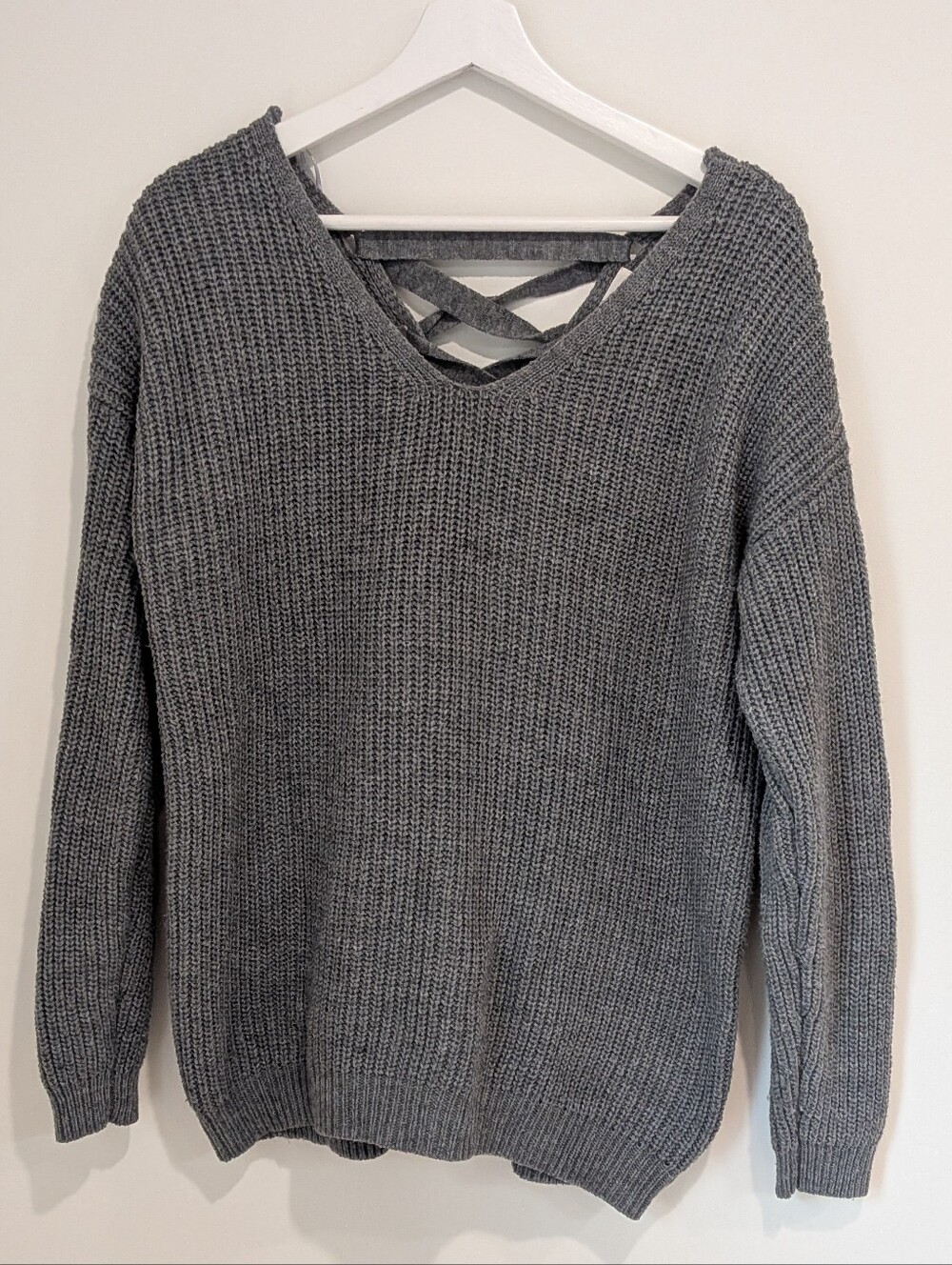 Gray Slouchy Cable Knit Braided Back Sweater XL Boho Minimalist Soft Girl Fall